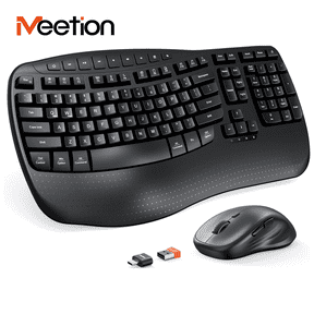 Meetion USB Wireless Ergonomic Keyboard & Mouse Combo with Wrist Rest & Wave Keys, Black, For Windows/Mac