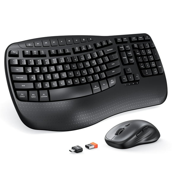 MEETION New Ergonomic Keyboard and Mouse Wireless Combo, Keys Natural Typing, 2.4G Wireless Keyboard Full Size with Wrist Rest, 4 Adjustable DPI Wireless Mouse, Computer/Laptop/Windows/Mac, Black C21