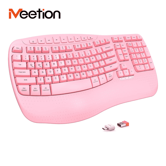 Meetion Wave Keys Ergonomic Keyboard, Wireless Pink, Wrist Rest, 2.4G/USB-C for Windows/Mac