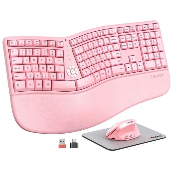 MEETION Pink Wireless Ergonomic Keyboard and Mouse, Split Arch Keyboard with Cushioned Wrist Palm Rest, Wireless Vertical Mouse, Rechargeable Full Size, for Windows/Mac/Computer/Laptop