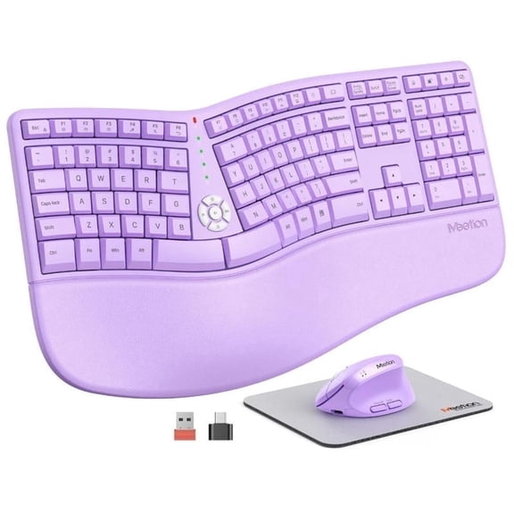 MEETION Rechargeable Wireless Keyboard and Vertical Mouse Combo, Purple Ergonomic Split Keyboard for Windows/Mac