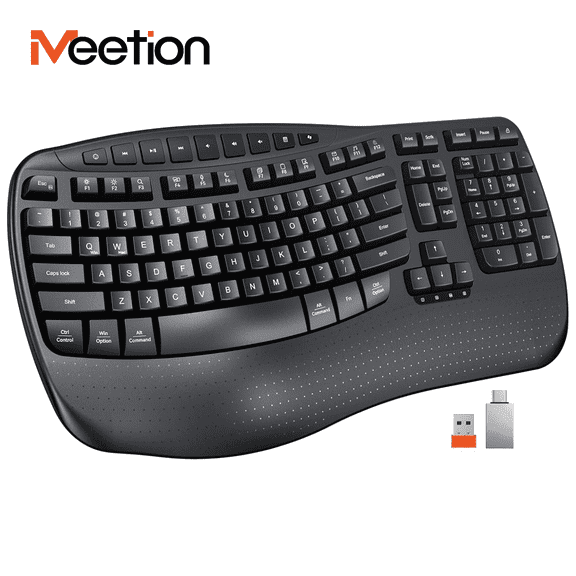 Meetion Wave Keys Ergonomic Keyboard, Wireless, Wrist Rest, 2.4G/USB-C for Windows/Mac - Black