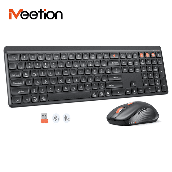 Meetion Wireless Keyboard & Mouse Combo, 2.4G/Dual Bluetooth, Silent Full-Size, Multi-Device for Win/Mac