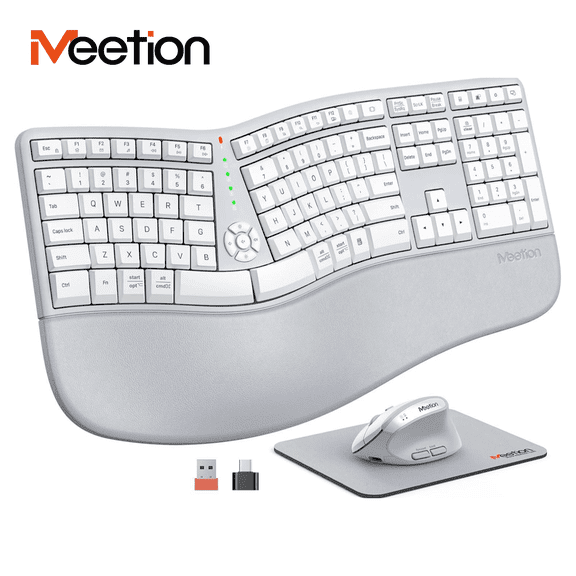 Meetion Ergonomic Keyboard and Mouse, White Gray, Split Design with Vertical Mouse, Rechargeable