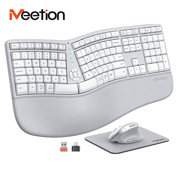 Meetion Director-C Ergonomic Split Keyboard & Vertical Mouse, White Gray, Rechargeable Wireless for PC/Mac