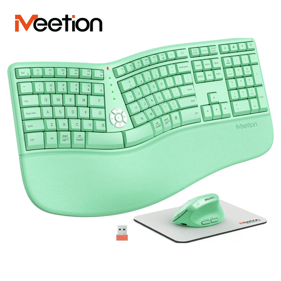 Meetion Green Ergonomic Keyboard and Mouse, Split Design with Vertical Mouse, Rechargeable for Win/Mac