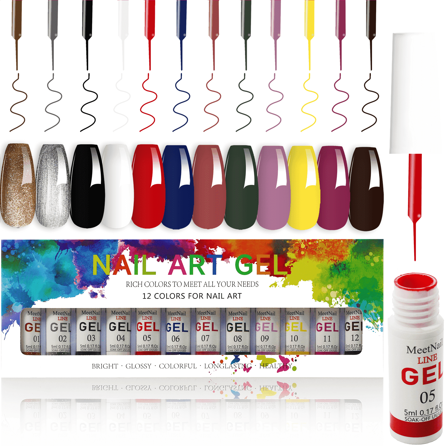 12 Colors Halloween Gift Gel Nail Polish Liner Nail Set, 5ml UV Lamp Soak-Off Polishes with Built-in Thin Brush, Pigmented White Red Pink Green Gold Glitter, DIY Salon Quality Liner Nail Art Kit for