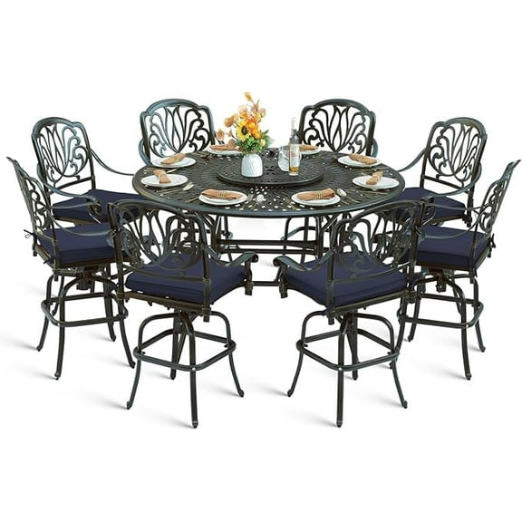 MEETWARM 10-Piece Outdoor Bar Set, All Weather Cast Aluminum Patio Bar Furniture with 8 Cushioned Swivel Bar Stools, Large 61" Round Patio Bar Height Table with Detachable Lazy Susan, Umbrella Hole