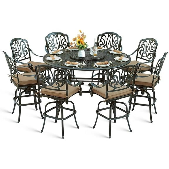 MEETWARM 10-Piece Outdoor Bar Set, All Weather Cast Aluminum Patio Bar Furniture with 8 Cushioned Swivel Bar Stools, Large 61" Round Patio Bar Height Table with Detachable Lazy Susan, Umbrella Hole