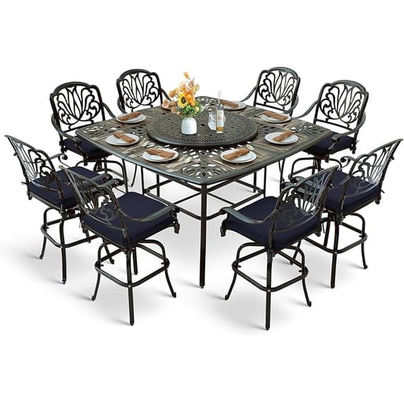 MEETWARM 10-Piece Outdoor High Patio Dining Set, Free-Rust Cast Aluminum Patio Bar Table and Chairs Set, Includes 8 Swivel Bar Stools & 64" Bar Height Dining Table W/ 35.4" Lazy Susan, Umbrella Hole