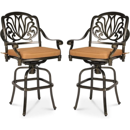 MEETWARM 2 Piece Outdoor Patio Swivel Bar Stools, All-Weather Cast Aluminum Bar Height Bistro Chairs, Outdoor Furniture Bar Dining Chair Set with Cushions for Garden Deck Backyard, Dark Bronze