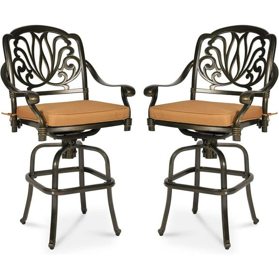MEETWARM 2 Piece Outdoor Patio Swivel Bar Stools, All-Weather Cast Aluminum Bar Height Bistro Chairs, Outdoor Furniture Bar Dining Chair Set with Cushions for Garden Deck Backyard, Dark Bronze