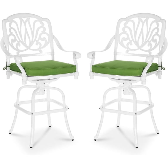 MEETWARM 2 Piece Outdoor Patio Swivel Bar Stools, All-Weather Cast Aluminum Bar Height Bistro Chairs, Outdoor Furniture Bar Dining Chair Set with Cushions for Garden Deck Backyard, White
