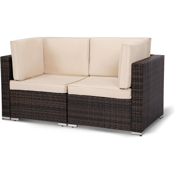 MEETWARM 2-Piece Outdoor Sectional Rattan Patio Furniture Set, All Weather PE Wicker Loveseat Corner Sofa Conversation Set with Washable Cushions for Porch Lawn Garden Backyard, Brown