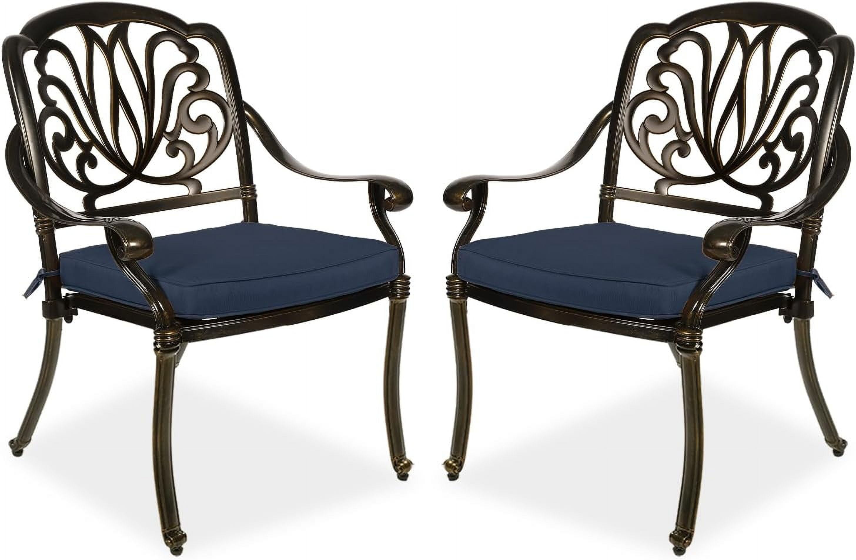 Navy Blue Cast Aluminum Outdoor Dining Chairs with Cushions, Set of 2
