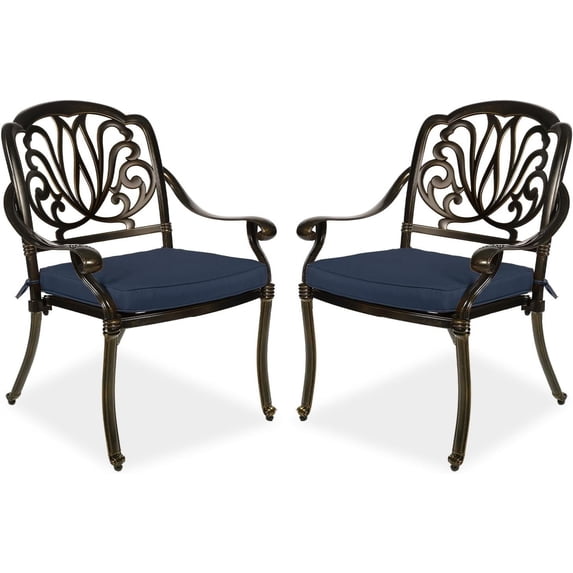 MEETWARM 2 Piece Patio Dining Chairs with Cushions, Outdoor All-Weather Cast Aluminum Chairs, Patio Bistro Dining Chair Set of 2 for Garden Deck Backyard, Navy Blue