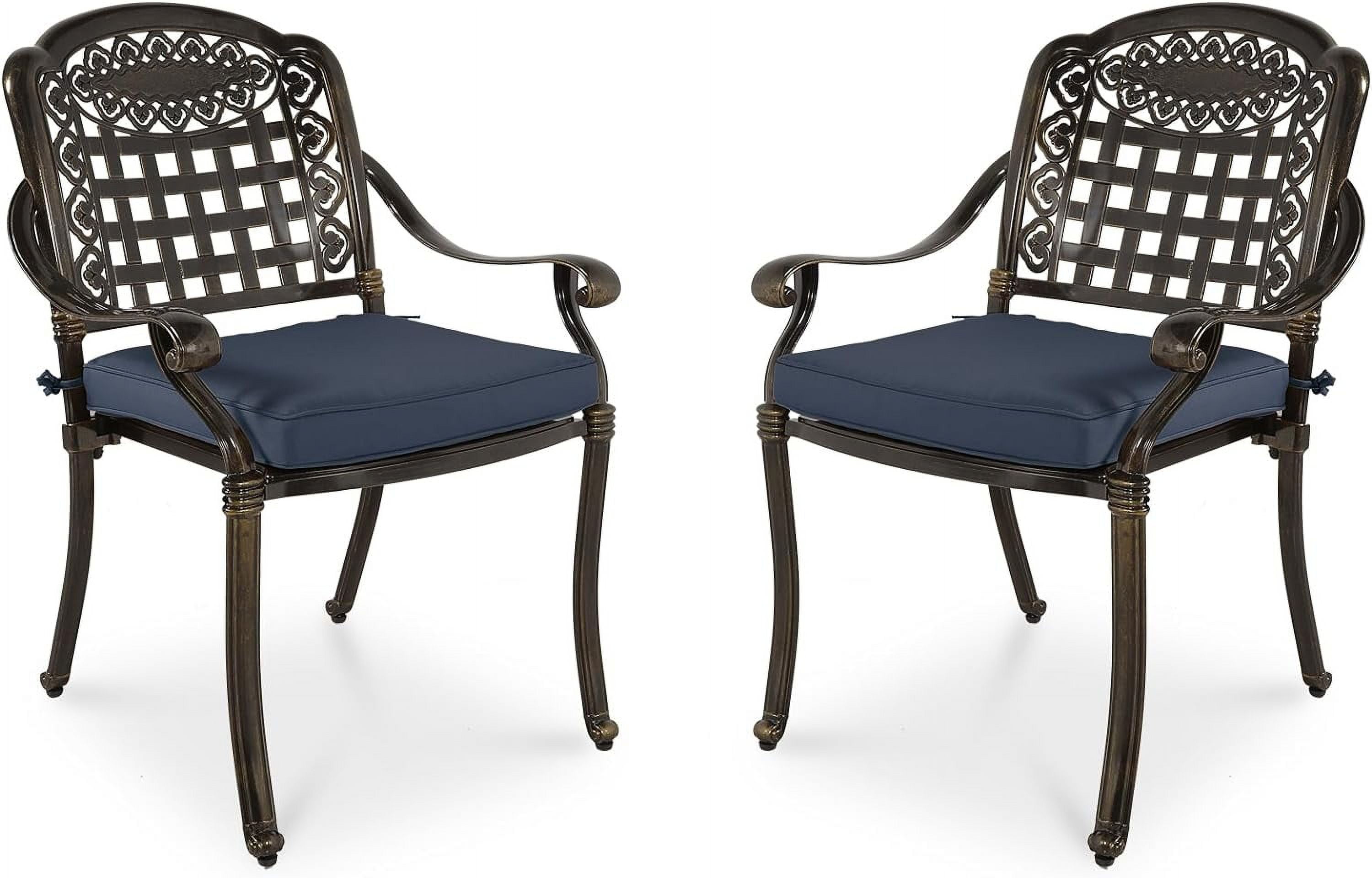 Navy Blue Cast Aluminum Outdoor Dining Chairs with Cushions, Set of 2