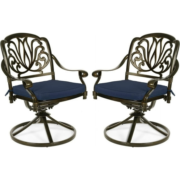 MEETWARM 2 Piece Patio Dinning Swivel Chairs Rocker, Outdoor All-Weather Cast Aluminum Chairs, Patio Bistro Dining Chair Set with Cushions for Garden Deck Backyard, Navy Blue