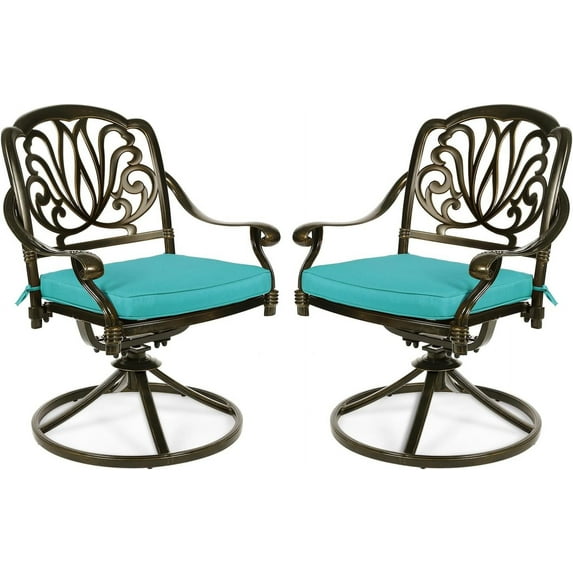 MEETWARM 2 Piece Patio Dinning Swivel Chairs Rocker, Outdoor All-Weather Cast Aluminum Chairs, Patio Bistro Dining Chair Set with Cushions for Garden Deck Backyard, Ocean Blue