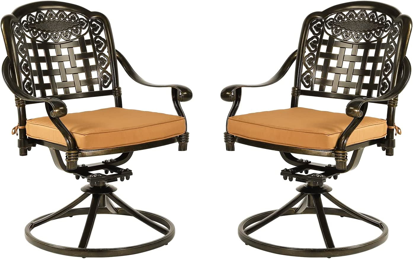 MEETWARM 2 Piece Patio Dinning Swivel Chairs Rocker, Outdoor All-Weather Cast Aluminum Chairs with Cushions, Patio Bistro Dining Chair Set for Garden Deck Backyard, Dark Bronze