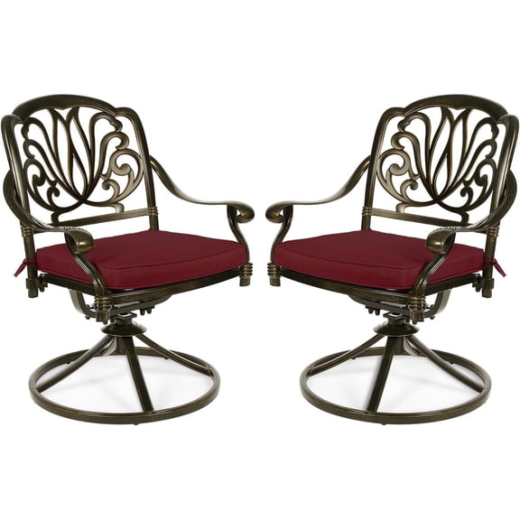 MEETWARM 2 Piece Patio Dinning Swivel Chairs Rocker, Outdoor All-Weather Cast Aluminum Chairs, Patio Bistro Dining Chair Set with Cushions for Garden Deck Backyard, Chili Red