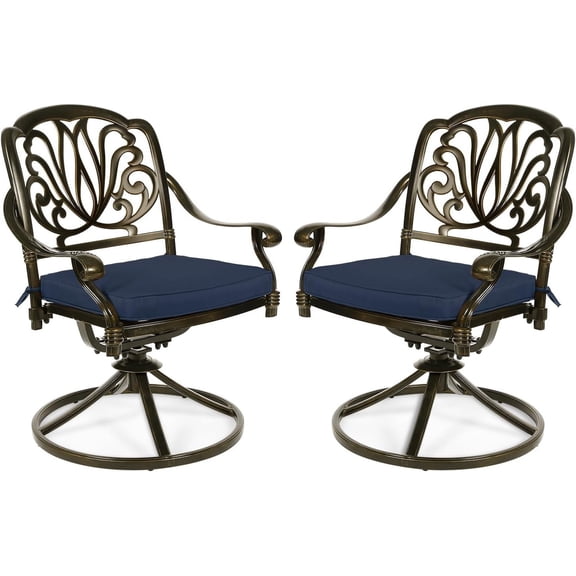 MEETWARM 2 Piece Patio Dinning Swivel Chairs Rocker, Outdoor All-Weather Cast Aluminum Chairs, Patio Bistro Dining Chair Set with Cushions for Garden Deck Backyard, Navy Blue
