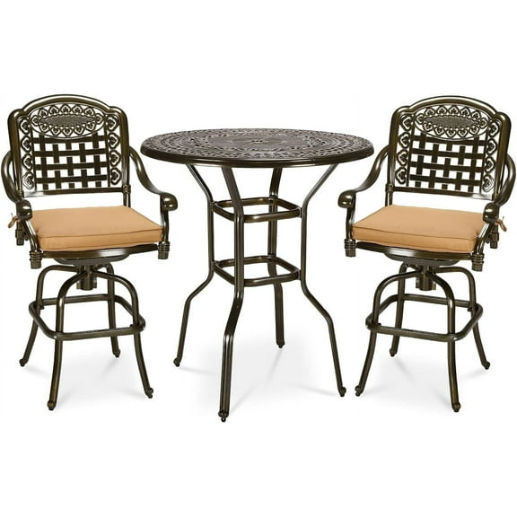 MEETWARM 3 Pcs Cast Aluminum Outdoor Bistro Sets with High Bar Stool and Cushioned Chairs, Brown