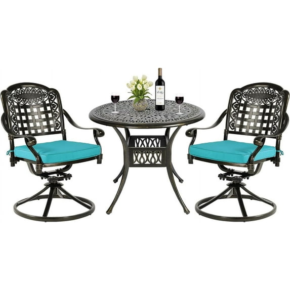 MEETWARM 3-Piece Outdoor Patio Dining Set, All-Weather Cast Aluminum Patio Conversation Set, 2 Cushions Swivel Rocker Chairs and 35.4" Round Table for Backyard Garden Deck, Umbrella Hole, Ocean Blue