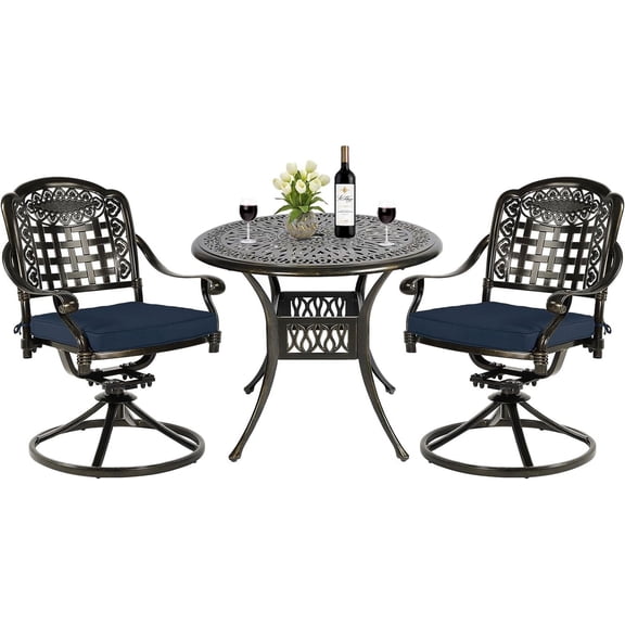 MEETWARM 3-Piece Outdoor Patio Dining Set, All-Weather Cast Aluminum Patio Conversation Set, 2 Cushions Swivel Rocker Chairs and 35.4" Round Table for Backyard Garden Deck, Umbrella Hole, Navy Blue