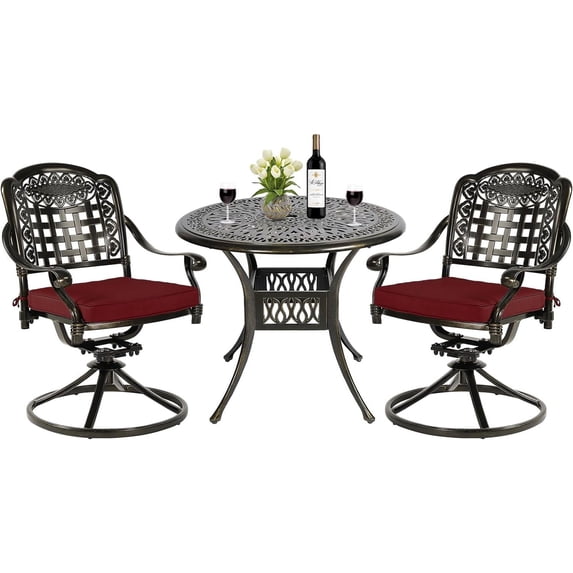MEETWARM 3-Piece Outdoor Patio Dining Set, All-Weather Cast Aluminum Patio Conversation Set, 2 Cushions Swivel Rocker Chairs and 35.4" Round Table for Backyard Garden Deck, Umbrella Hole, Chili Red