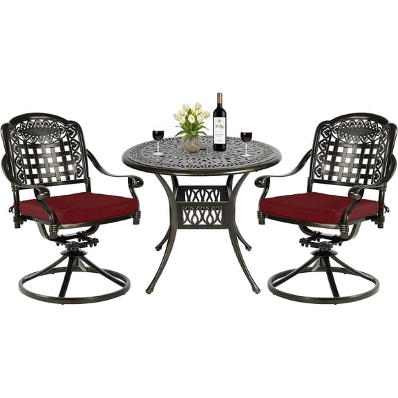 MEETWARM 3-Piece Outdoor Patio Dining Set, All-Weather Cast Aluminum Patio Conversation Set, 2 Cushions Swivel Rocker Chairs and 35.4" Round Table for Backyard Garden Deck, Umbrella Hole, Chili Red