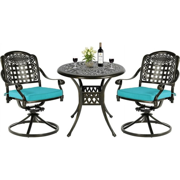 MEETWARM 3-Piece Outdoor Patio Dining Set, All-Weather Cast Aluminum Patio Conversation Set with 2 Cushions Swivel Rocker Chairs and 31" Round Table for Backyard Garden Deck, Umbrella Hole, Ocean Blue