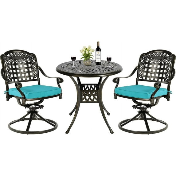 MEETWARM 3-Piece Outdoor Patio Dining Set, All-Weather Cast Aluminum Patio Conversation Set with 2 Cushions Swivel Rocker Chairs and 31" Round Table for Backyard Garden Deck, Umbrella Hole, Ocean Blue