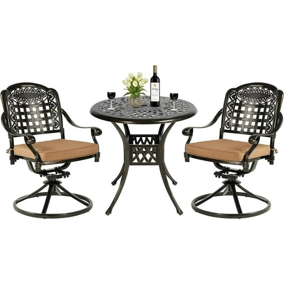MEETWARM 3-Piece Outdoor Patio Dining Set, All-Weather Cast Aluminum Patio Conversation Set with 2 Cushions Swivel Rocker Chairs and 31" Round Table for Backyard Garden Deck, 2.2" Umbrella Hole