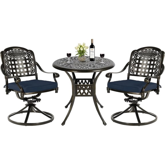 MEETWARM 3-Piece Outdoor Patio Dining Set, All-Weather Cast Aluminum Patio Conversation Set with 2 Cushions Swivel Rocker Chairs and 31" Round Table for Backyard Garden Deck, Umbrella Hole, Navy Blue