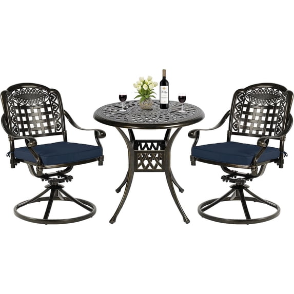MEETWARM 3-Piece Outdoor Patio Dining Set, All-Weather Cast Aluminum Patio Conversation Set with 2 Cushions Swivel Rocker Chairs and 31" Round Table for Backyard Garden Deck, Umbrella Hole, Navy Blue