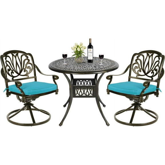 MEETWARM 3-Piece Outdoor Patio Dining Set, All-Weather Cast Aluminum Patio Conversation Set - 2 Cushions Swivel Rocker Chairs and 35.4" Round Table for Backyard Garden Deck, Umbrella Hole, Ocean Blue