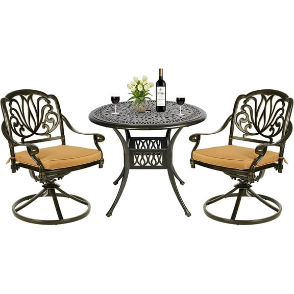 MEETWARM 3-Piece Outdoor Patio Dining Set, All-Weather Cast Aluminum Patio Conversation Set - 2 Cushions Swivel Rocker Chairs and 35.4" Round Table for Backyard Garden Deck, 2.2" Umbrella Hole