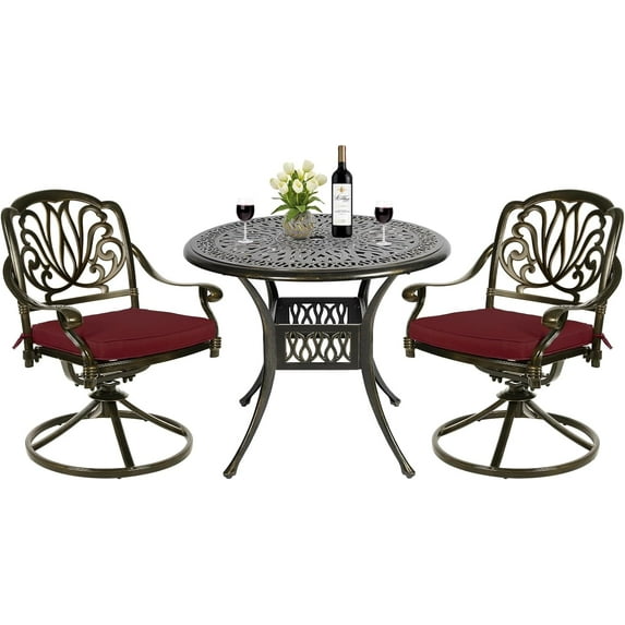 MEETWARM 3-Piece Outdoor Patio Dining Set, All-Weather Cast Aluminum Patio Conversation Set - 2 Cushions Swivel Rocker Chairs and 35.4" Round Table for Backyard Garden Deck, Umbrella Hole, Chili Red