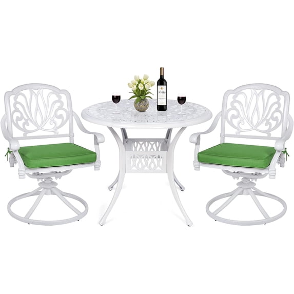MEETWARM 3-Piece Outdoor Patio Dining Set, All-Weather Cast Aluminum Patio Conversation Set for Backyard Garden with 2 Cushions Swivel Rocker Chairs and 35.4" Round Table, 2.2" Umbrella Hole, White
