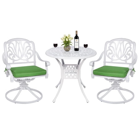 MEETWARM 3-Piece Outdoor Patio Dining Set, All-Weather Cast Aluminum Patio Conversation Set for Backyard Garden Deck with 2 Cushions Swivel Rocker Chairs and 31" Round Table, 2" Umbrella Hole, White