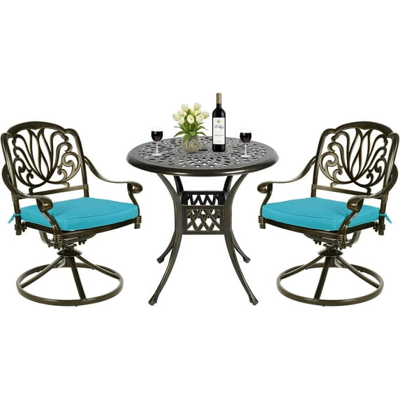 MEETWARM 3-Piece Outdoor Patio Dining Set, All-Weather Cast Aluminum Patio Conversation Set for Backyard Garden Deck with 2 Cushions Swivel Rocker Chairs and 31" Round Table, Umbrella Hole, Ocean Blue