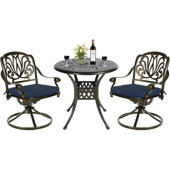 MEETWARM 3-Piece Outdoor Patio Dining Set, All-Weather Cast Aluminum Patio Conversation Set for Backyard Garden Deck with 2 Cushions Swivel Rocker Chairs and 31" Round Table, Umbrella Hole, Navy Blue