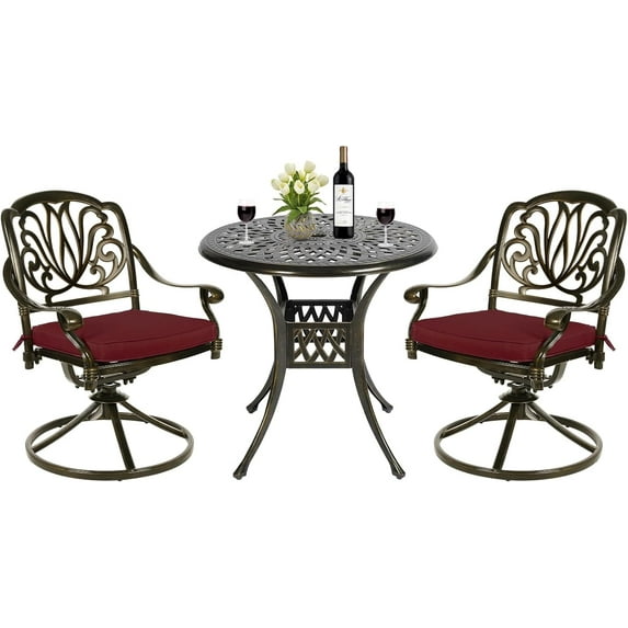MEETWARM 3-Piece Outdoor Patio Dining Set, All-Weather Cast Aluminum Patio Conversation Set for Backyard Garden Deck with 2 Cushions Swivel Rocker Chairs and 31" Round Table, Umbrella Hole, Chili Red