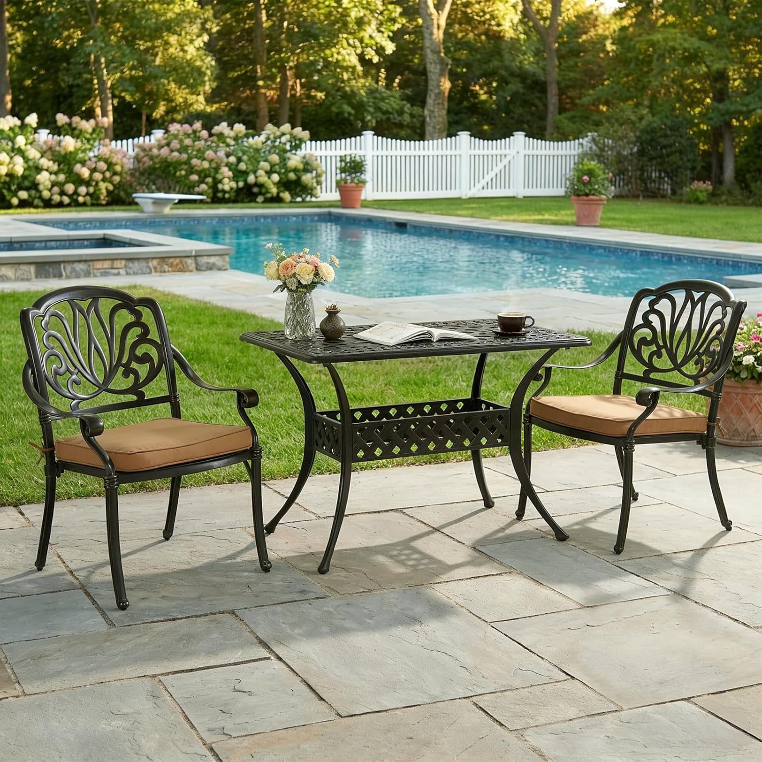 MEETWARM 3 Piece Patio Bistro Set with Cushions, Cast Aluminum Outdoor ...