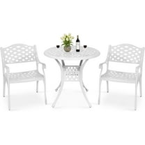 MEETWARM 3 Piece Patio Bistro Set, Outdoor All-Weather Cast Aluminum Dining Furniture Set Includes 2 Chairs and a 31” Round Table with Umbrella Hole for Garden Deck, White