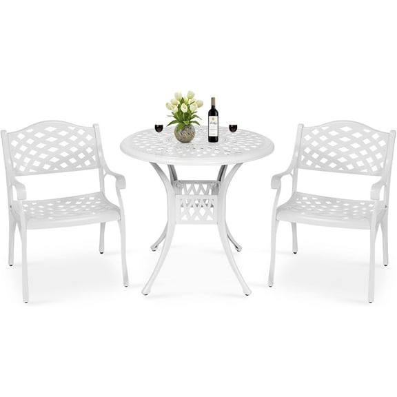 MEETWARM 3 Piece Patio Bistro Set, Outdoor All-Weather Cast Aluminum Dining Furniture Set Includes 2 Chairs and a 31” Round Table with Umbrella Hole for Garden Deck, White