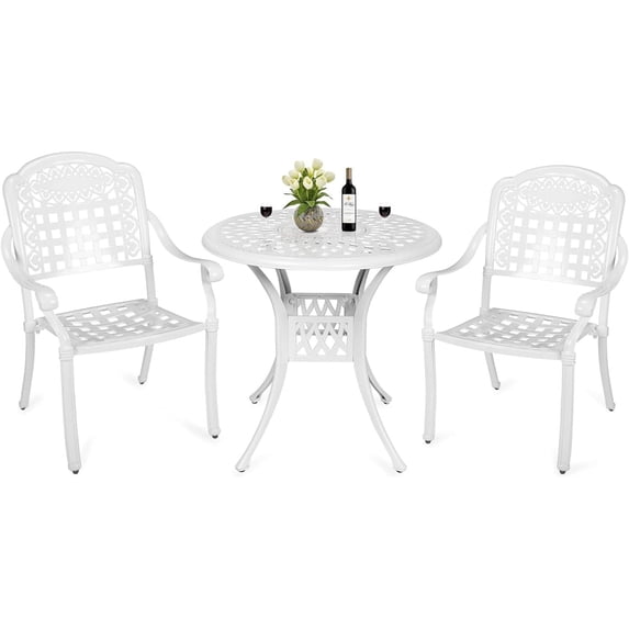 MEETWARM 3 Piece Patio Bistro Set, Outdoor All-Weather Cast Aluminum Dining Furniture Set Includes 2 Chairs and a 31” Round Table with Umbrella Hole for Garden Deck, White