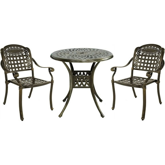 MEETWARM 3 Piece Patio Bistro Set, Outdoor All-Weather Cast Aluminum Dining Furniture Set Includes 2 Chairs and a 31” Round Table with Umbrella Hole for Garden Deck