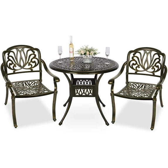 MEETWARM 3 Piece Patio Bistro Set, Outdoor All-Weather Cast Aluminum Dining Furniture Set Includes 2 Chairs and a 35.4” Round Table with Umbrella Hole for Garden Deck